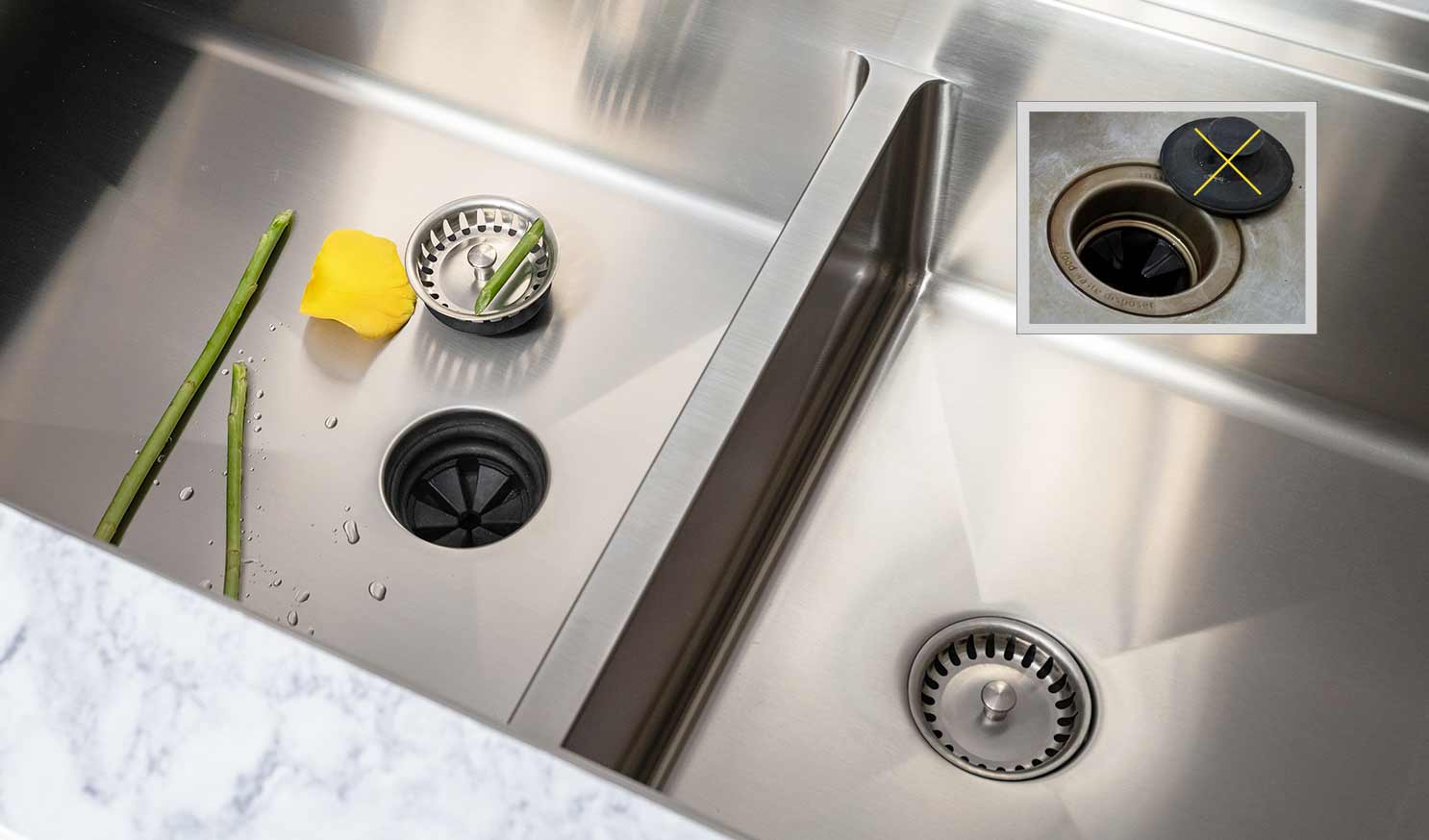 Modern kitchen sink featuring a Seamless Drain and Disposal Kit with a strainer basket and splash guard for efficient waste disposal.