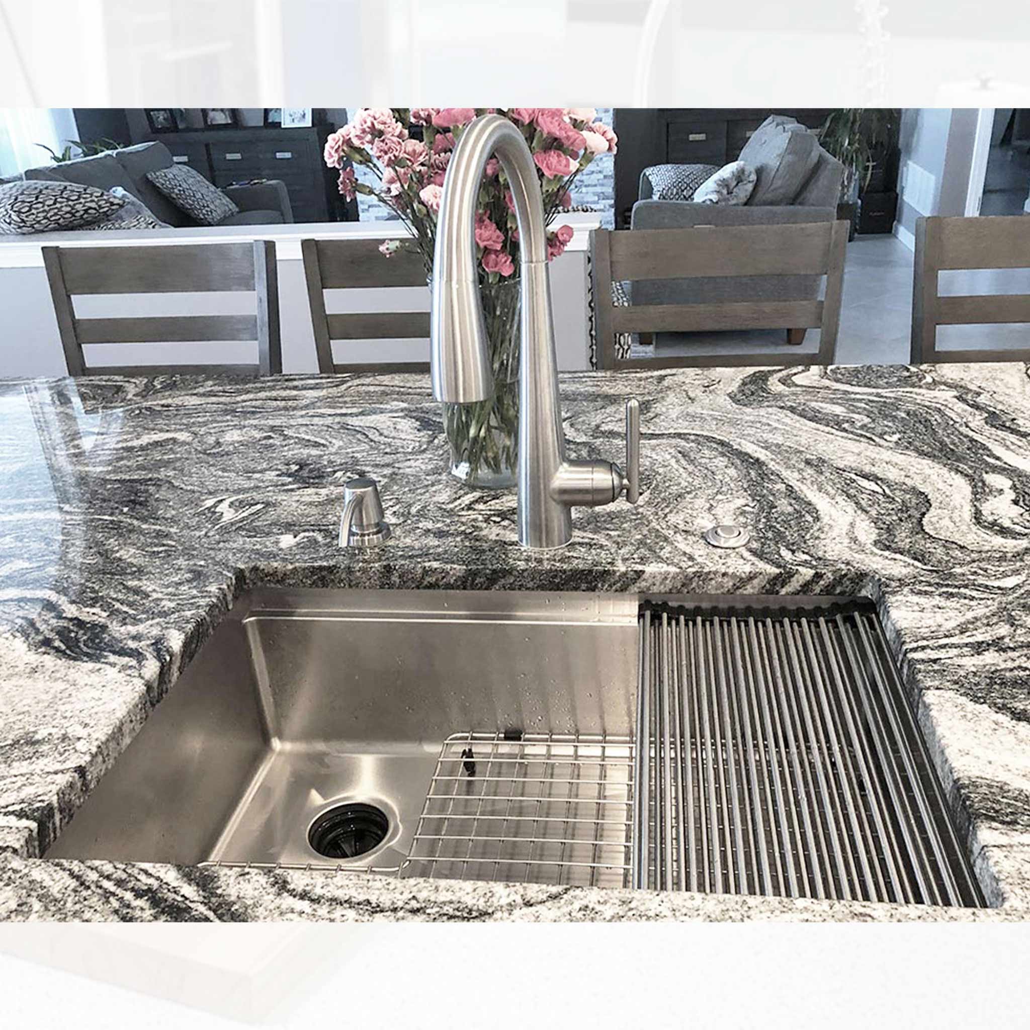 Customer photo of Create Good Sinks’ 28” workstation sink with rollmat drying rack sink accessory, basin grid and seamless drain.