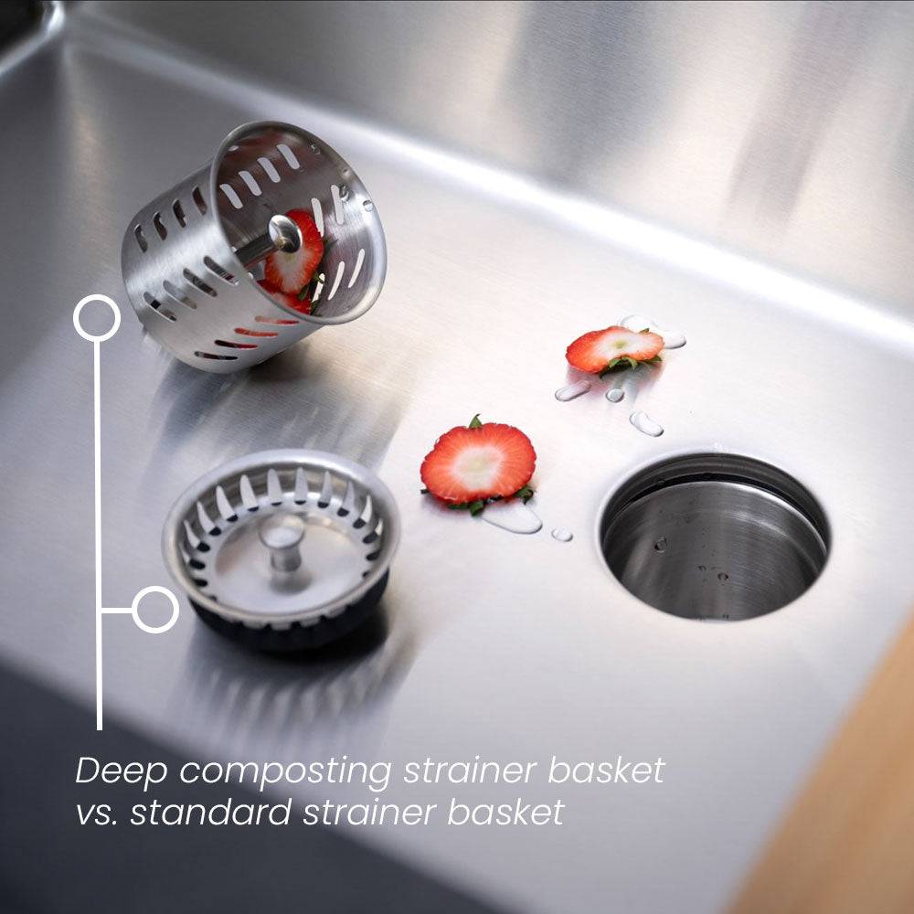 Comparison of deep composting strainer basket vs. standard strainer basket in a stainless steel sink. Highlights improved drainage and composting efficiency.