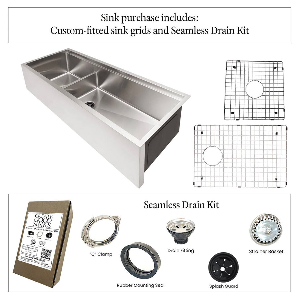 46" Undermount Apron Front Workstation Sink – 16 Gauge Stainless Steel Double Bowl – Large Bowl Right – Seamless Drain (5LAD46c)