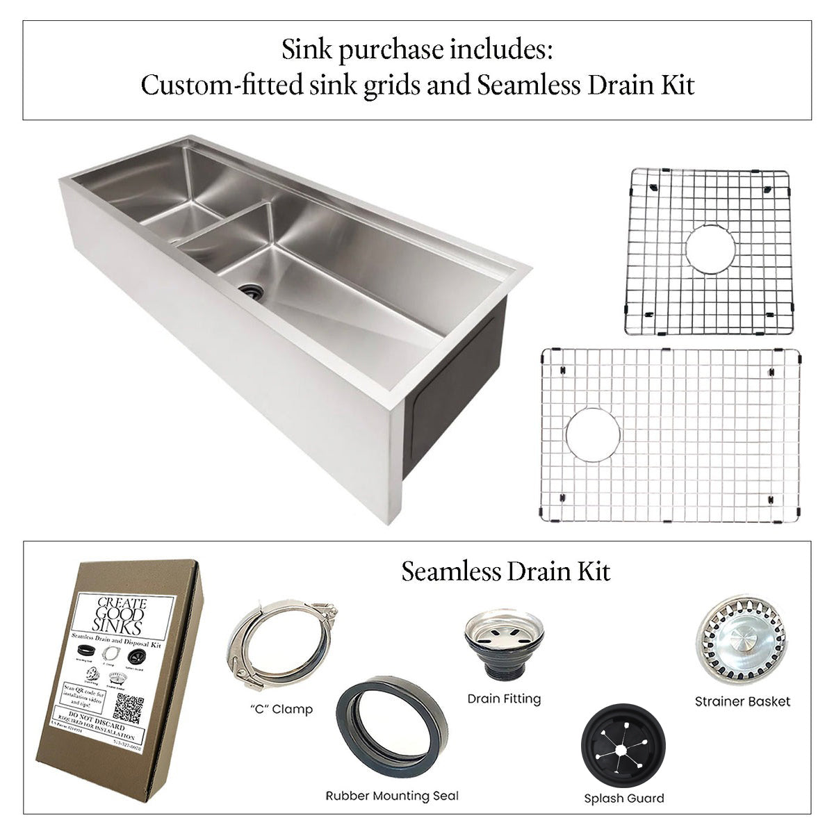 46" Undermount Apron Front Workstation Sink – 16 Gauge Stainless Steel Double Bowl – Large Bowl Right – Seamless Drain (5LAD46c)