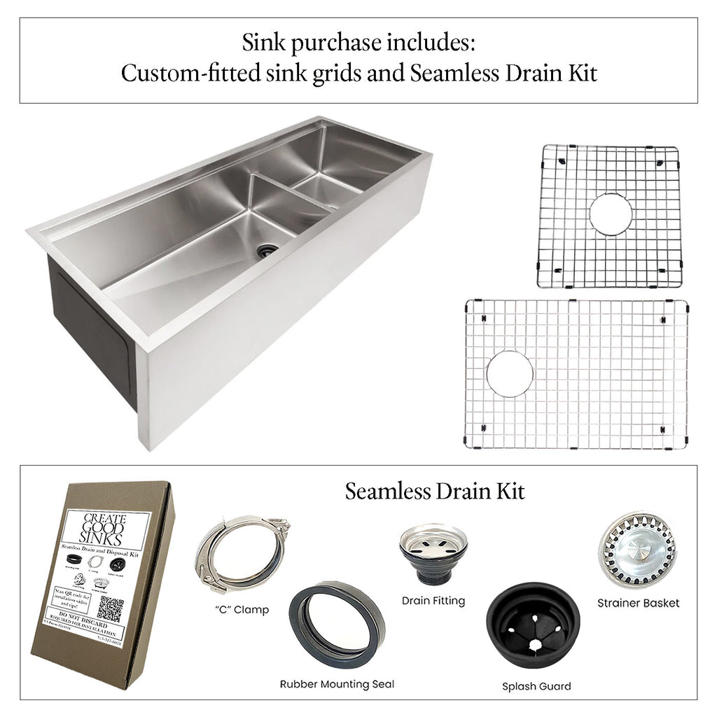 50" Undermount Apron Front Workstation Sink – 16 Gauge Stainless Steel Double Bowl – Large Bowl Left – Seamless Drain (5LAD50c)