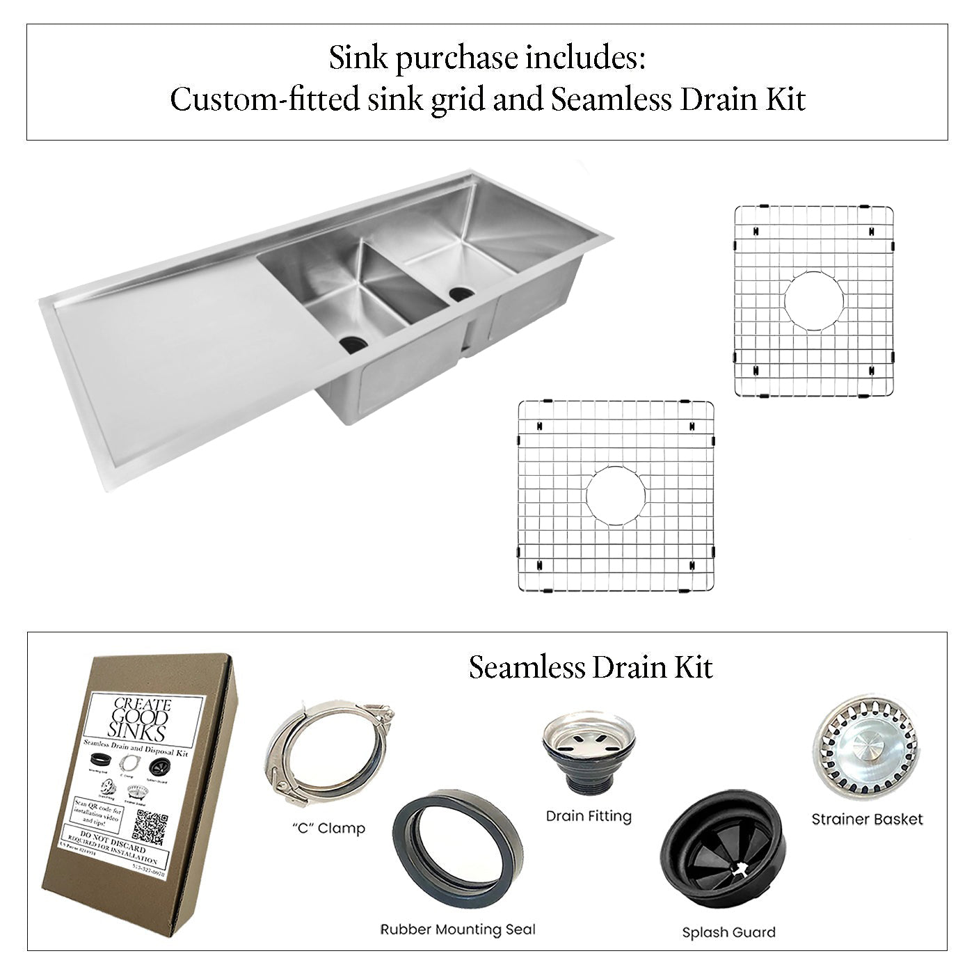 52" Drainboard Kitchen Sink - Large Double Bowl - Reversible (5LPD34c)