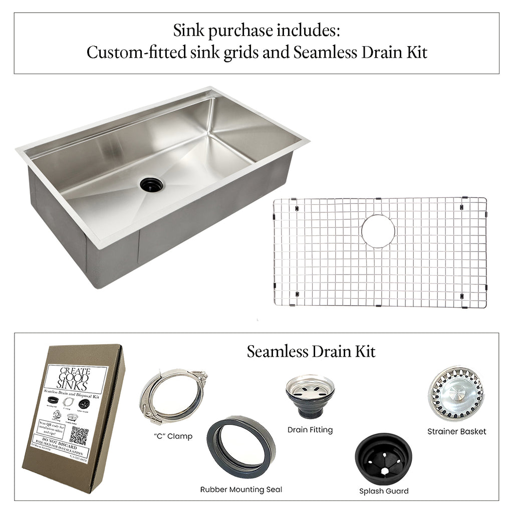 33" Undermount Workstation Sink – 16 Gauge Stainless Steel Single Bowl – 8" Deep – Center Drain – Seamless Drain (5LS33b-8)