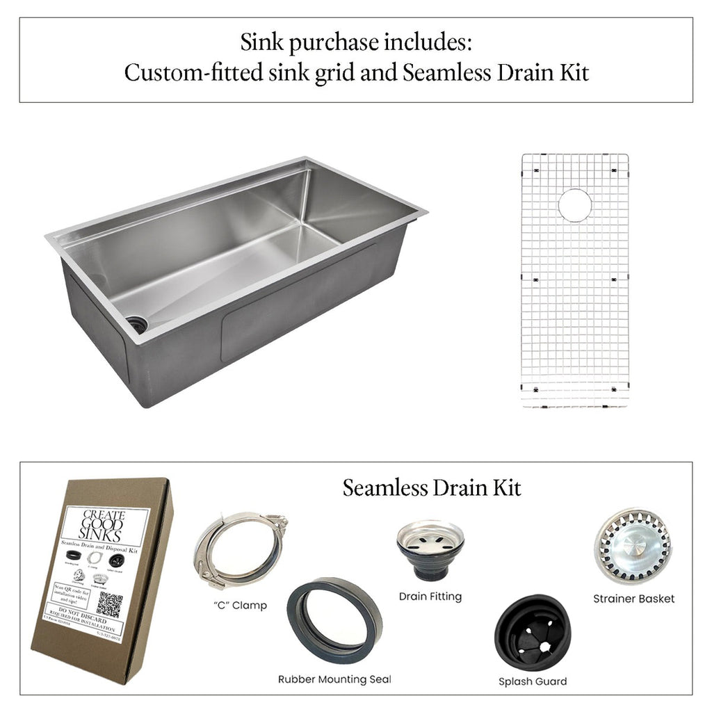 37" Undermount Workstation Sink – 16 Gauge Stainless Steel Single Bowl – 10" Deep – Reversible – Seamless Drain (5LS37c-10)