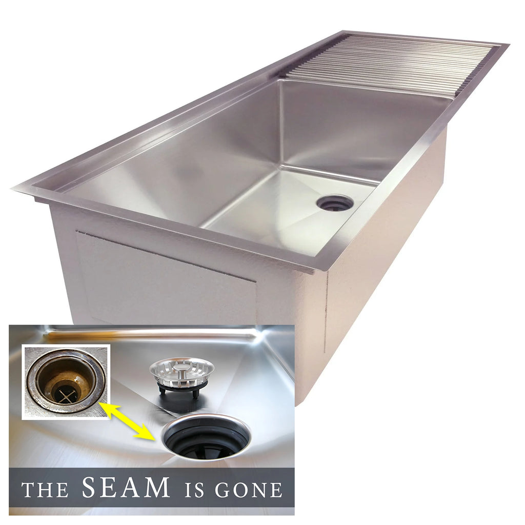 The Seam is Gone. Stainless Drainboard Kitchen Sink Drain Off To The Side In The Middle