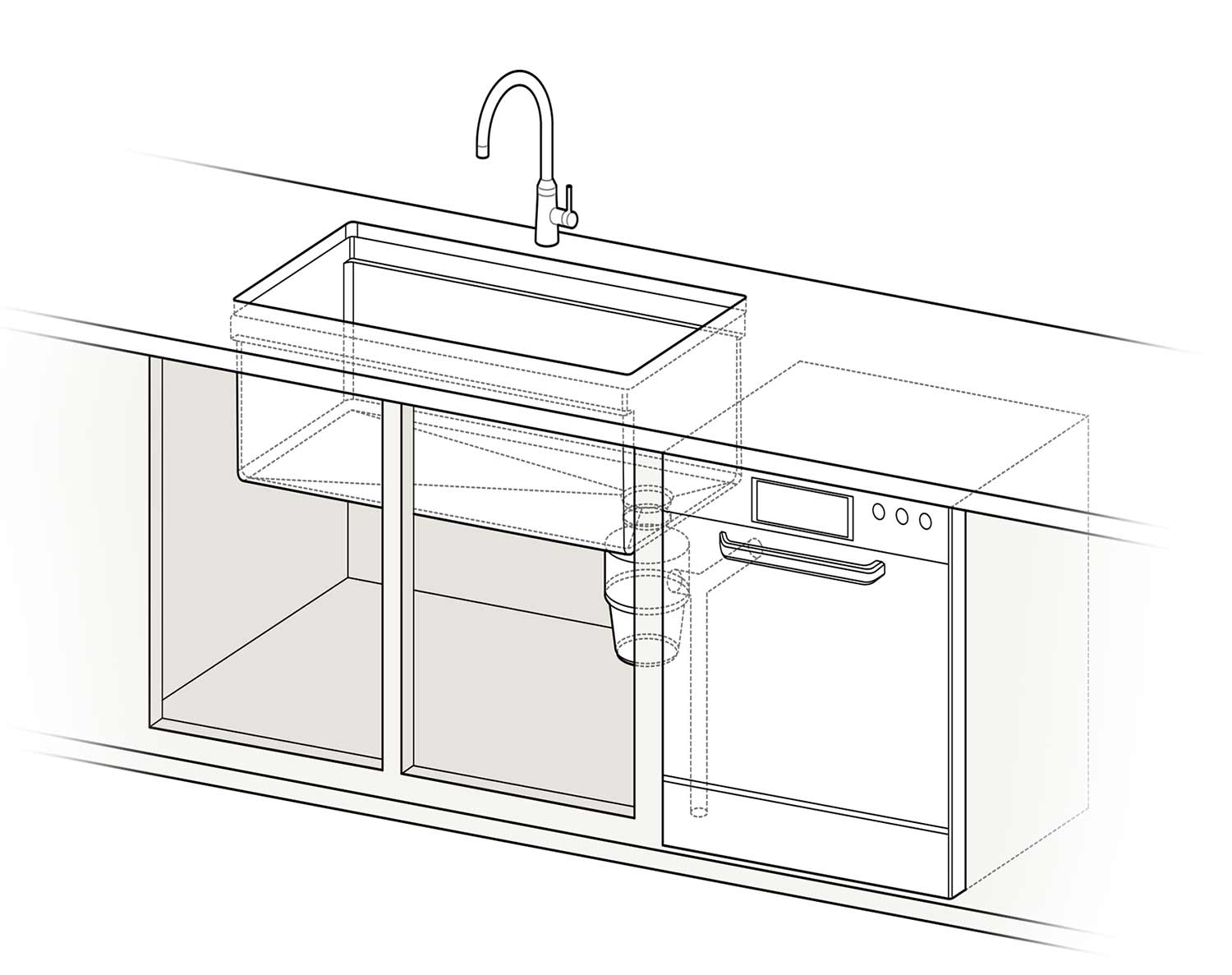 Technical drawing to show the space saving benefits of an offset drain kitchen sink