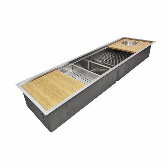 Six foot double bowl workstation sink with cutting boards and colander. Custom workstation sink accessories for 7' sink.. Stainless steel, double bowl, smart low divide, half inch radius corners, Create Good Sinks' patented seamless drain. A perfect sink for dual faucets. Two faucets will allow two people to work at the sink at the same time.