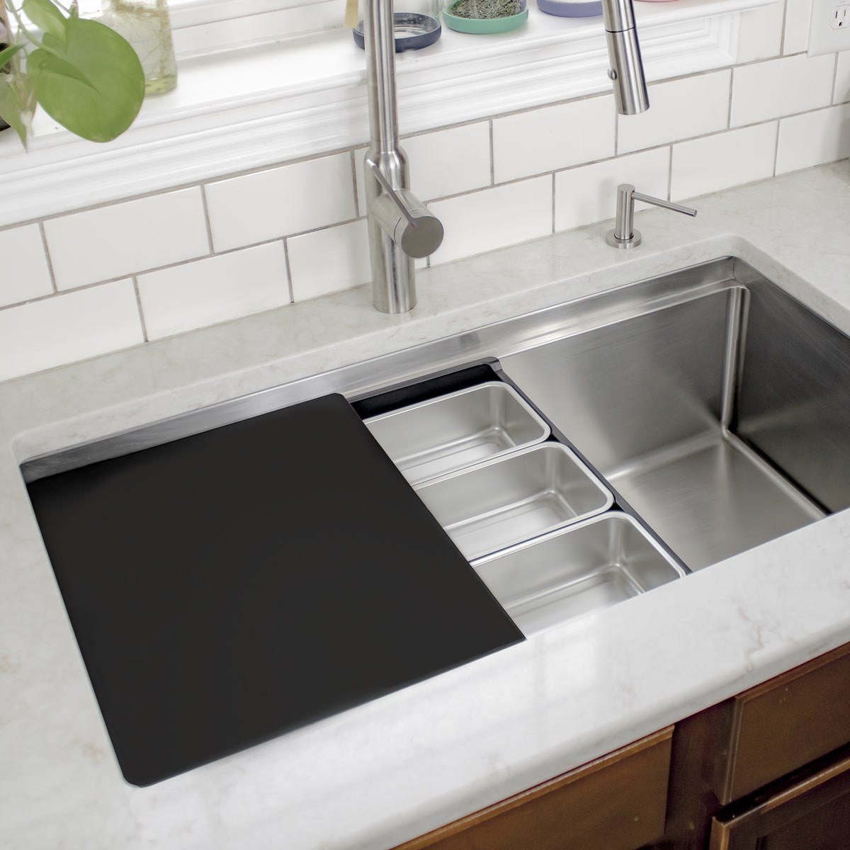 Serving Tray that stacks with cutting board workstation sink