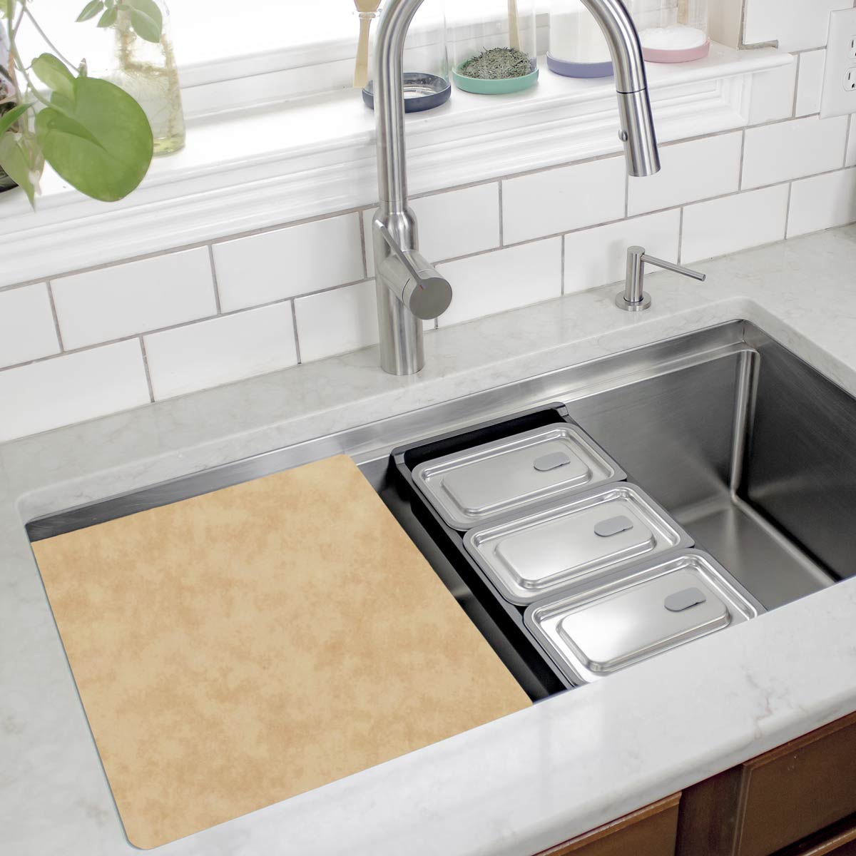 Tan cutting board for under the counter stainless steel sink accessory kit