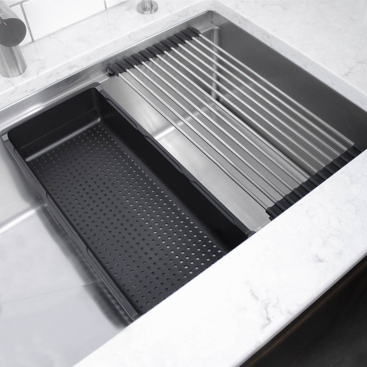 Stainless Steel Roll mat and Colander for workstation kitchen sinks.