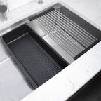 Stainless Steel Roll mat and Colander for workstation kitchen sinks.