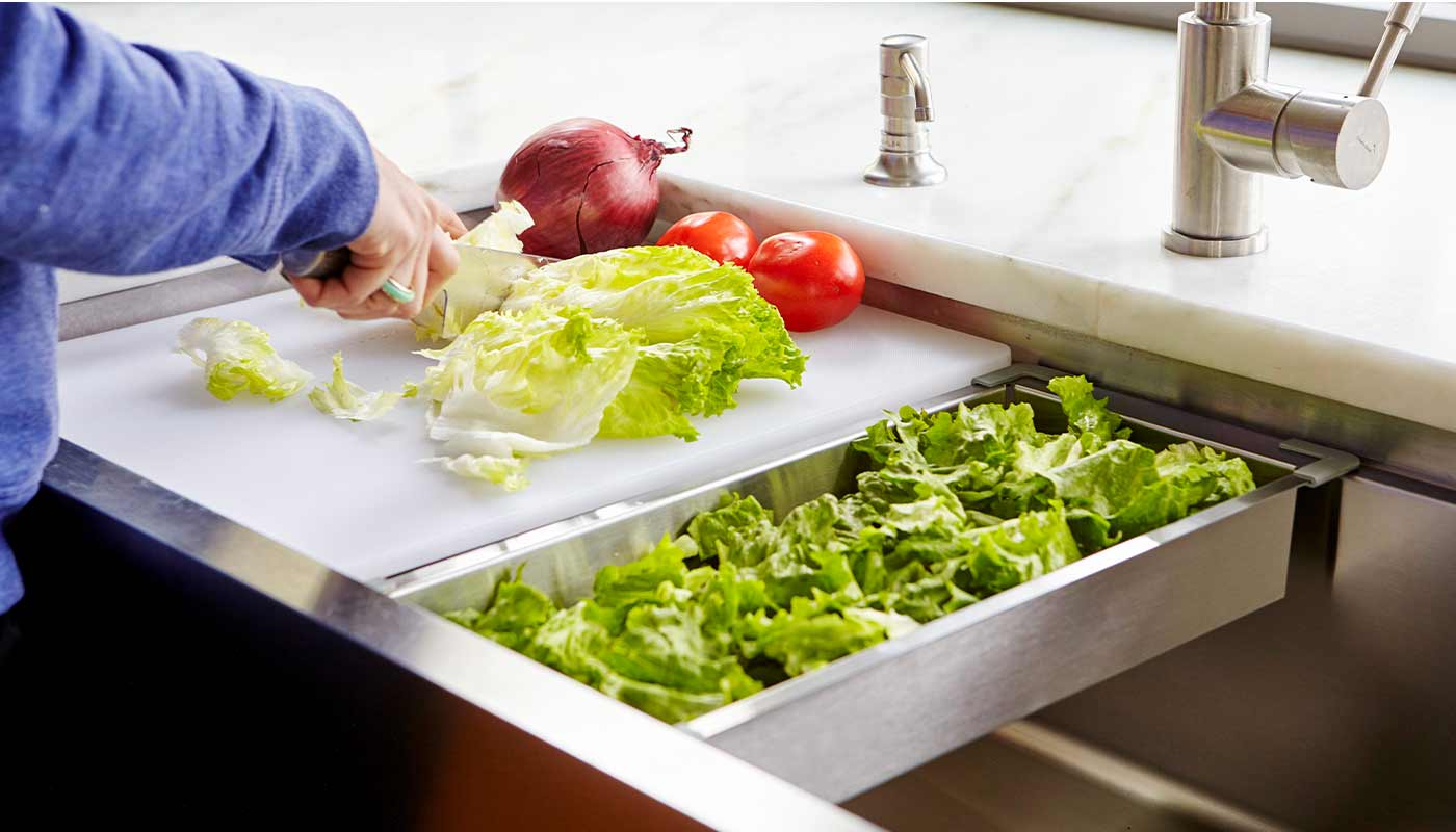 Workstation sink accessories for chopping and rinsing veggies