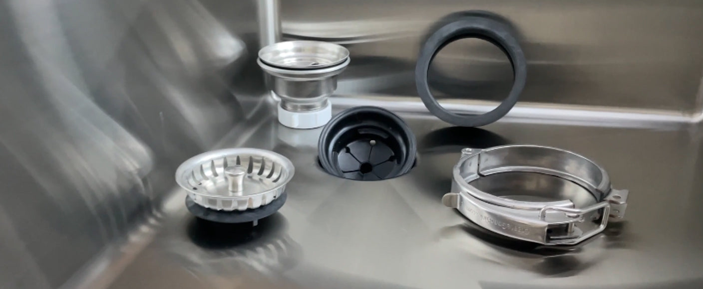Garbage disposal installation parts including strainer basket, splash guard, drain fitting, C-clamp and mounting seal
