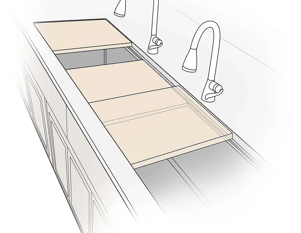 Diagram of a double ledge workstation sink with accessories on two tiers and the countertop cut back to expose the lower ledge