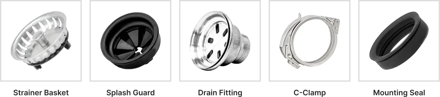 Items included in the Create Good Sinks drain kit — strainer basket, seal, clamp, and hardware