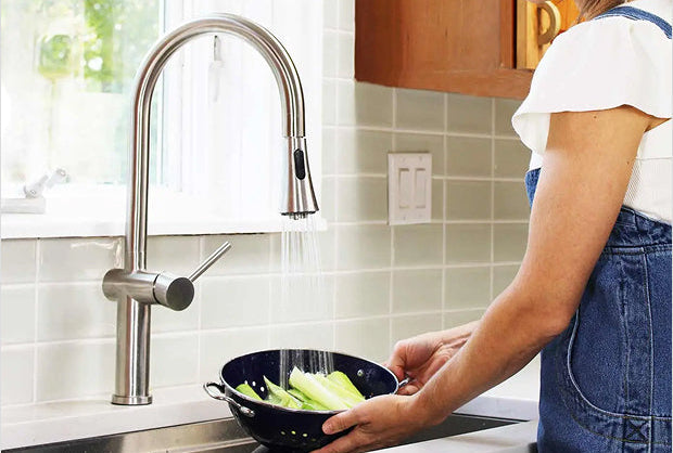 Create Good Sinks solid stainless steel kitchen faucets designed to match workstation sinks