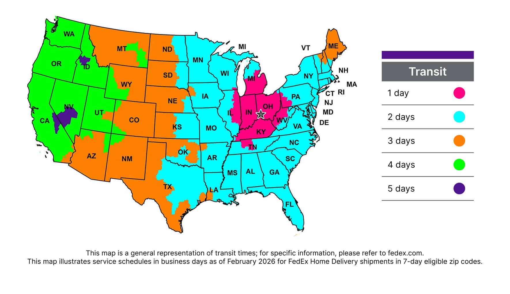 FedEx Ground transit time map showing 1 to 5 business day delivery from Cincinnati, Ohio to the continental United States