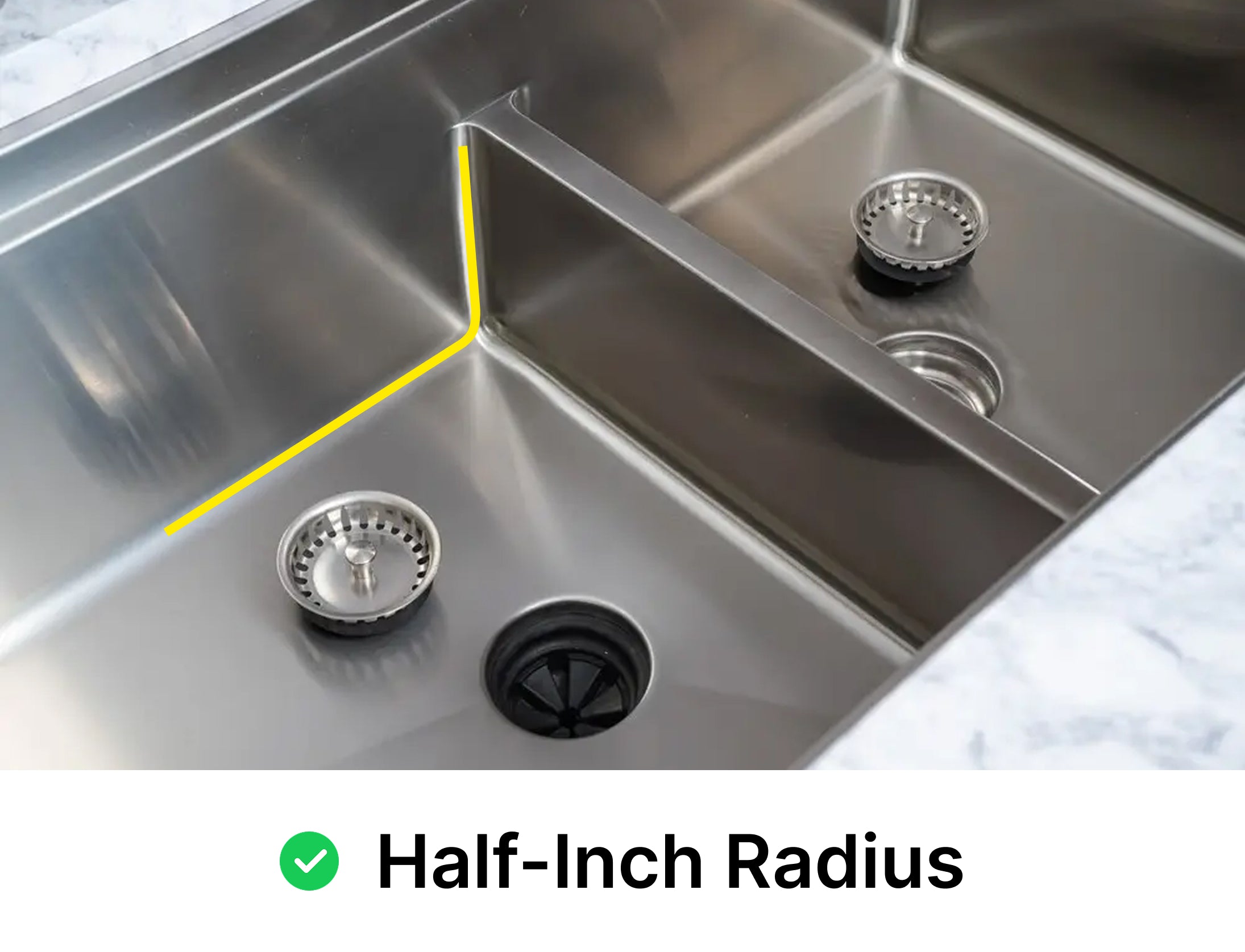 Half-inch radius sink corner traced in yellow showing a slight curve that maximizes basin space and wipes clean