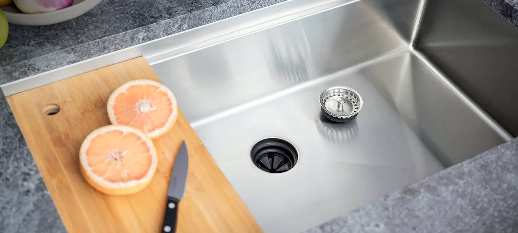 Create Good Sinks stainless steel undermount workstation kitchen sink with Seamless Centerpiece Drain and bamboo cutting board