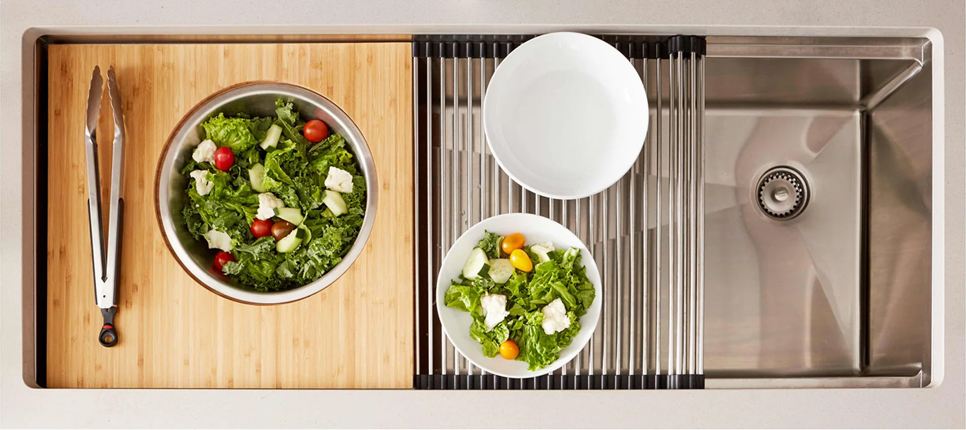 Undermount stainless steel workstation kitchen sink with integral ledge, Seamless Centerpiece Drain and bamboo cutting board