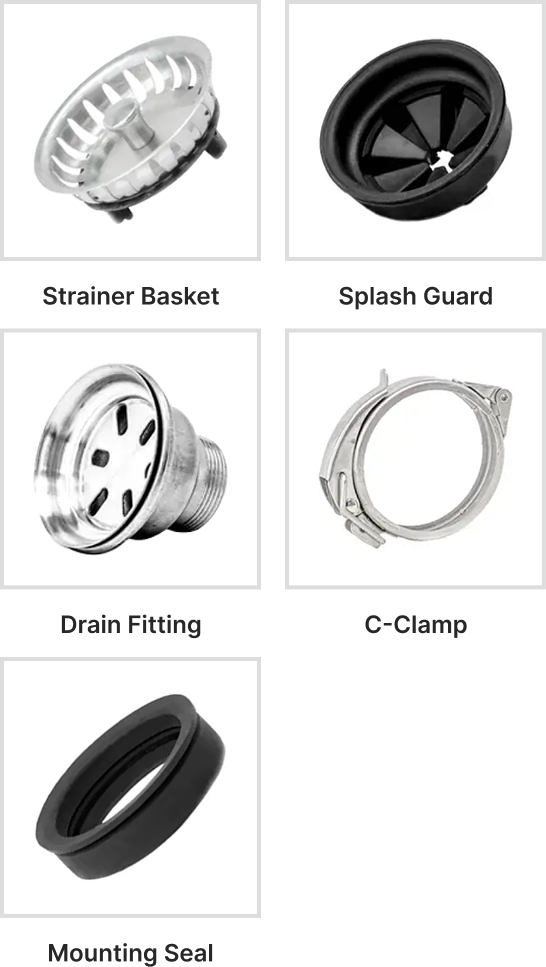 Items included in the Create Good Sinks drain kit — strainer basket, seal, clamp, and hardware
