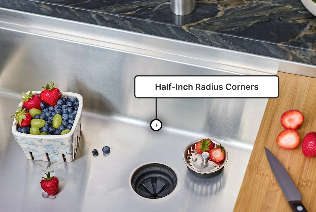 Half-inch radius corners on a stainless steel kitchen sink for easy cleaning