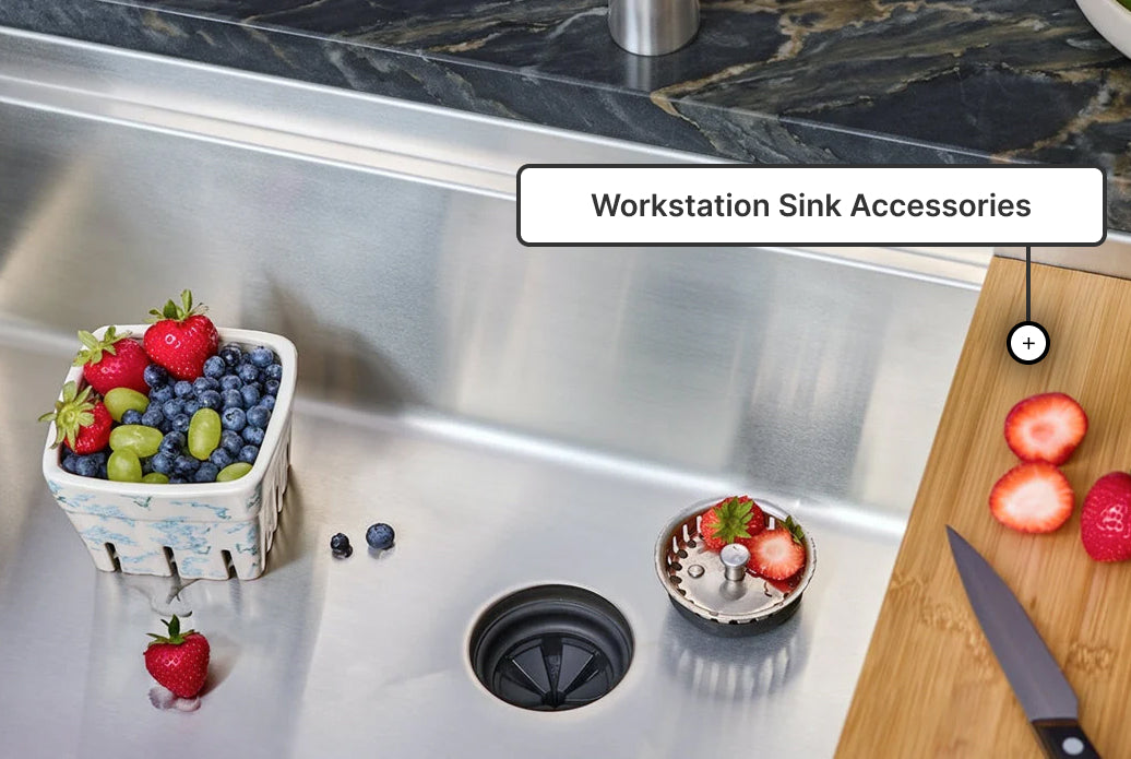 Workstation sink accessories — cutting board, colander, and drying rack on the sink ledge