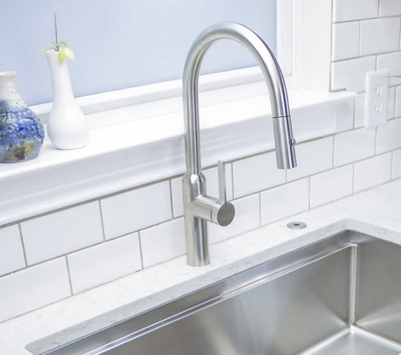 Paulette kitchen faucet in solid stainless steel by Create Good Sinks
