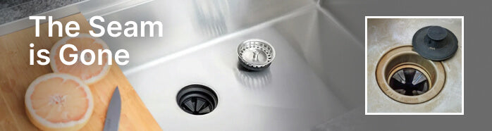 The Seam is Gone — stainless steel workstation sink with Seamless Centerpiece Drain, no seam between basin and drain
