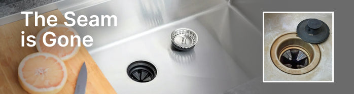 The Seam is Gone — stainless steel workstation sink with Seamless Centerpiece Drain, no seam between basin and drain