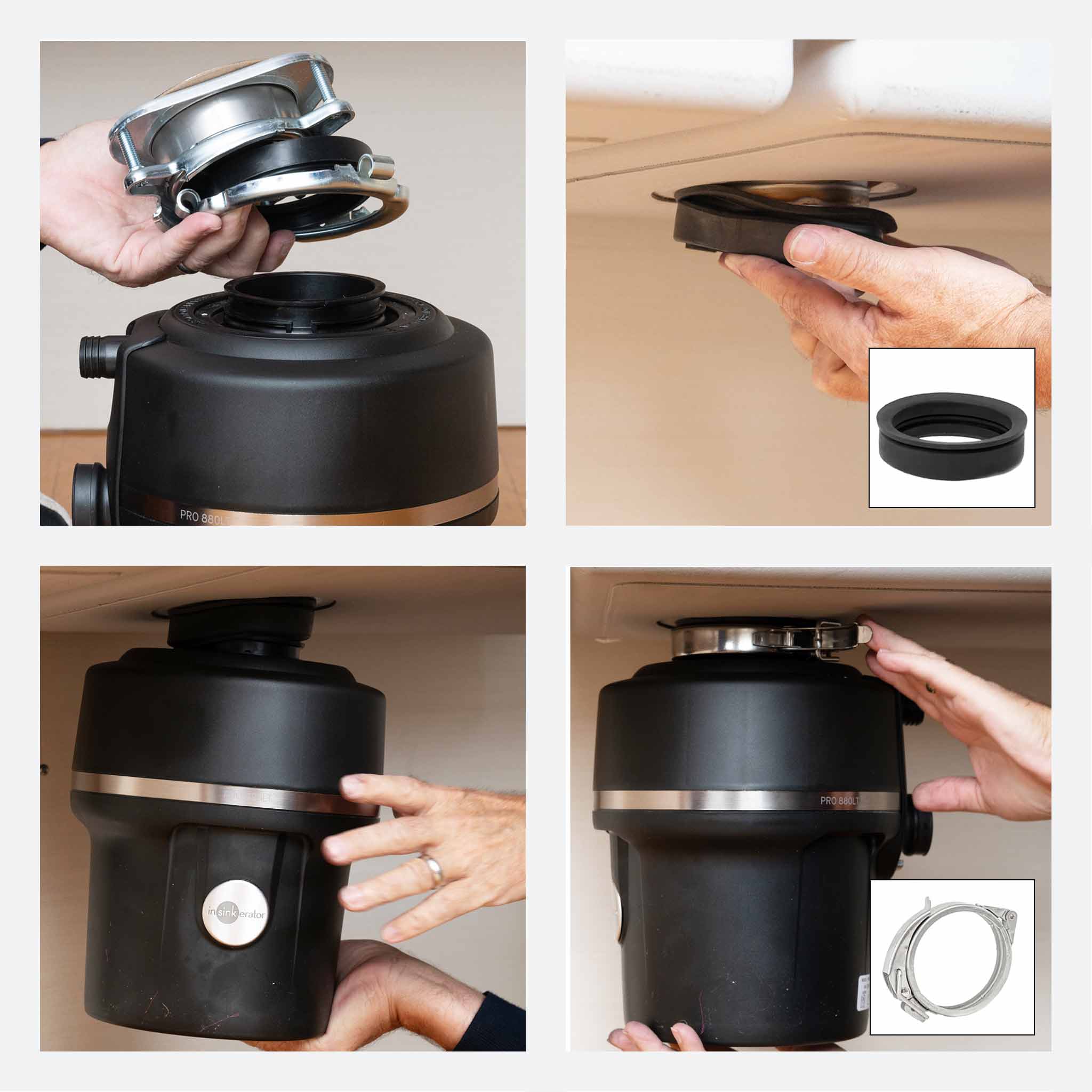 Step-by-step installation of a Seamless Drain and Disposal Kit onto a garbage disposal unit, ensuring a secure and leak-proof fit.