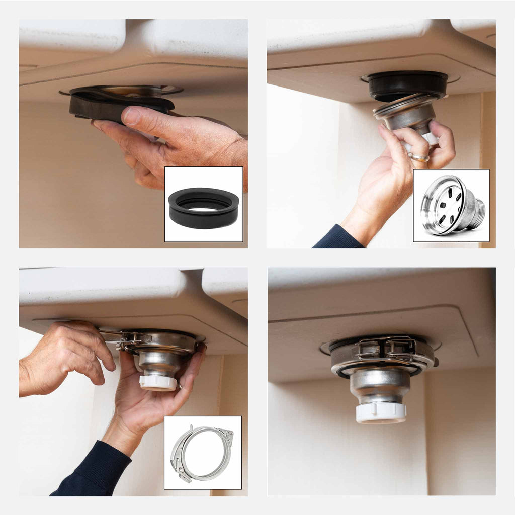 Hands-on installation of a Seamless Drain and Disposal Kit, demonstrating the attachment of the rubber mounting seal and 'C' clamp.