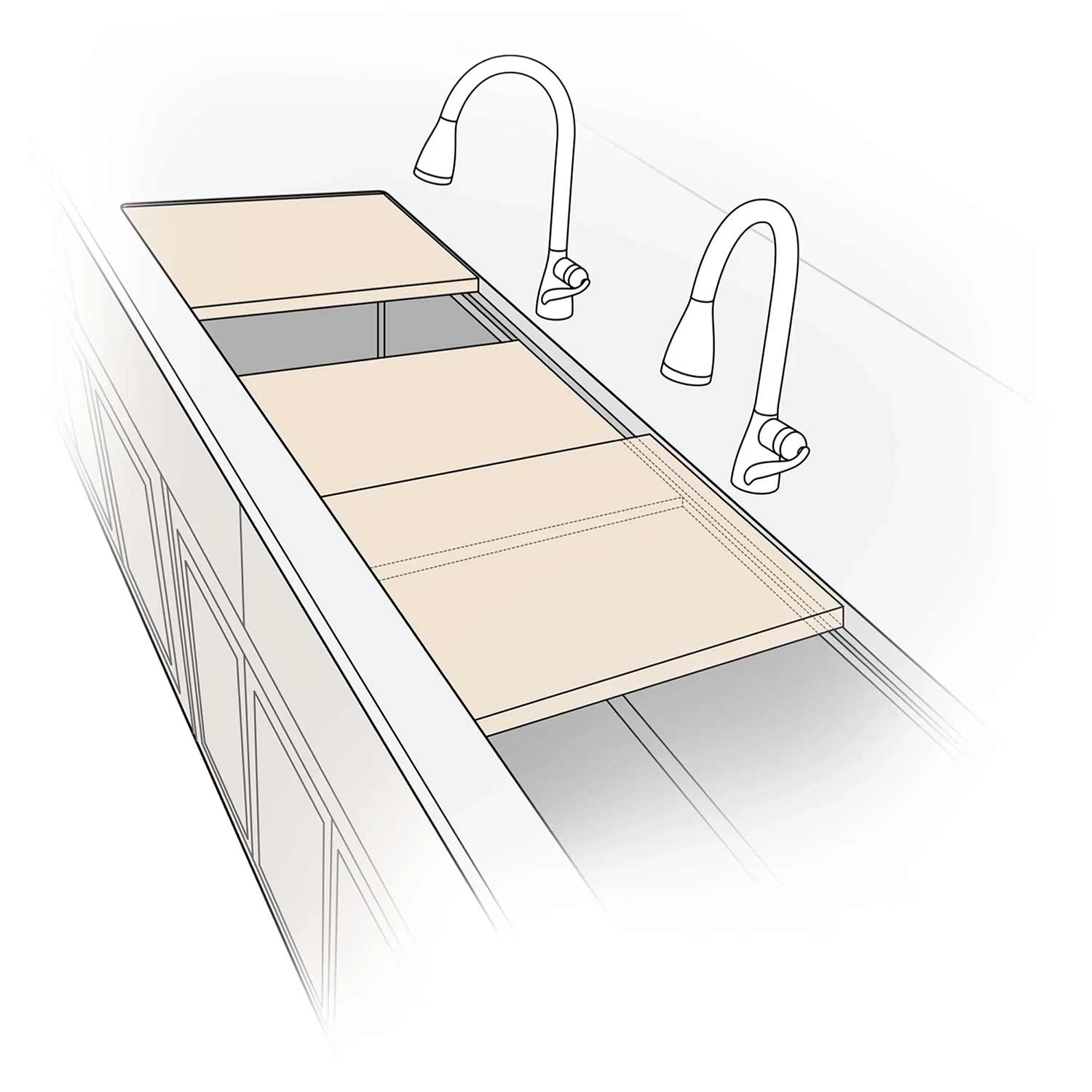 Drawing of 46 inch workstation kitchen sink with two ledges. The second tier is accomplished by cutting a positive reveal in the counter top.