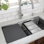 mise en place colander and cutting board workstation sink accessory in 33" stainless steel ledge sink 