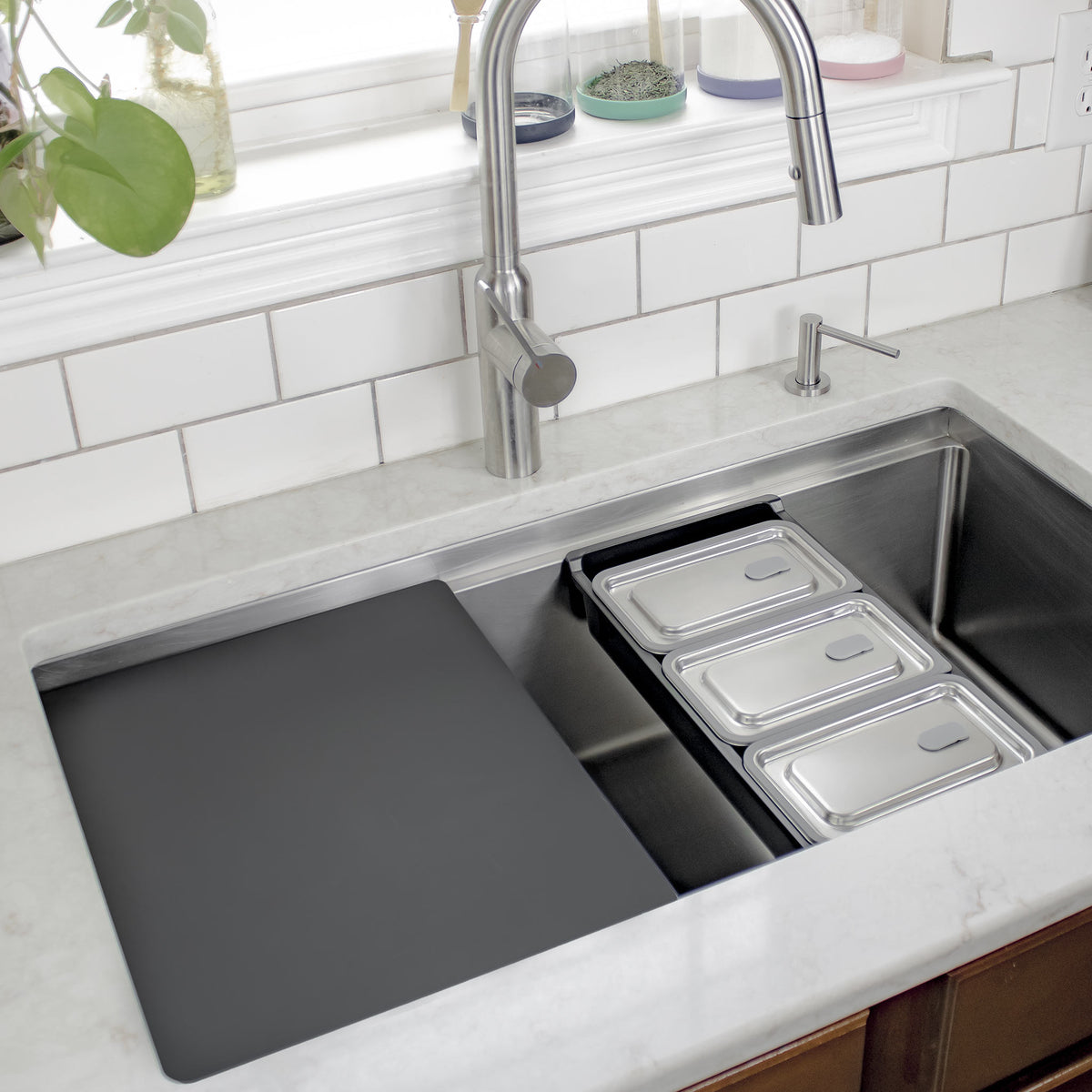 mise en place colander and cutting board workstation sink accessory in 33" stainless steel ledge sink 