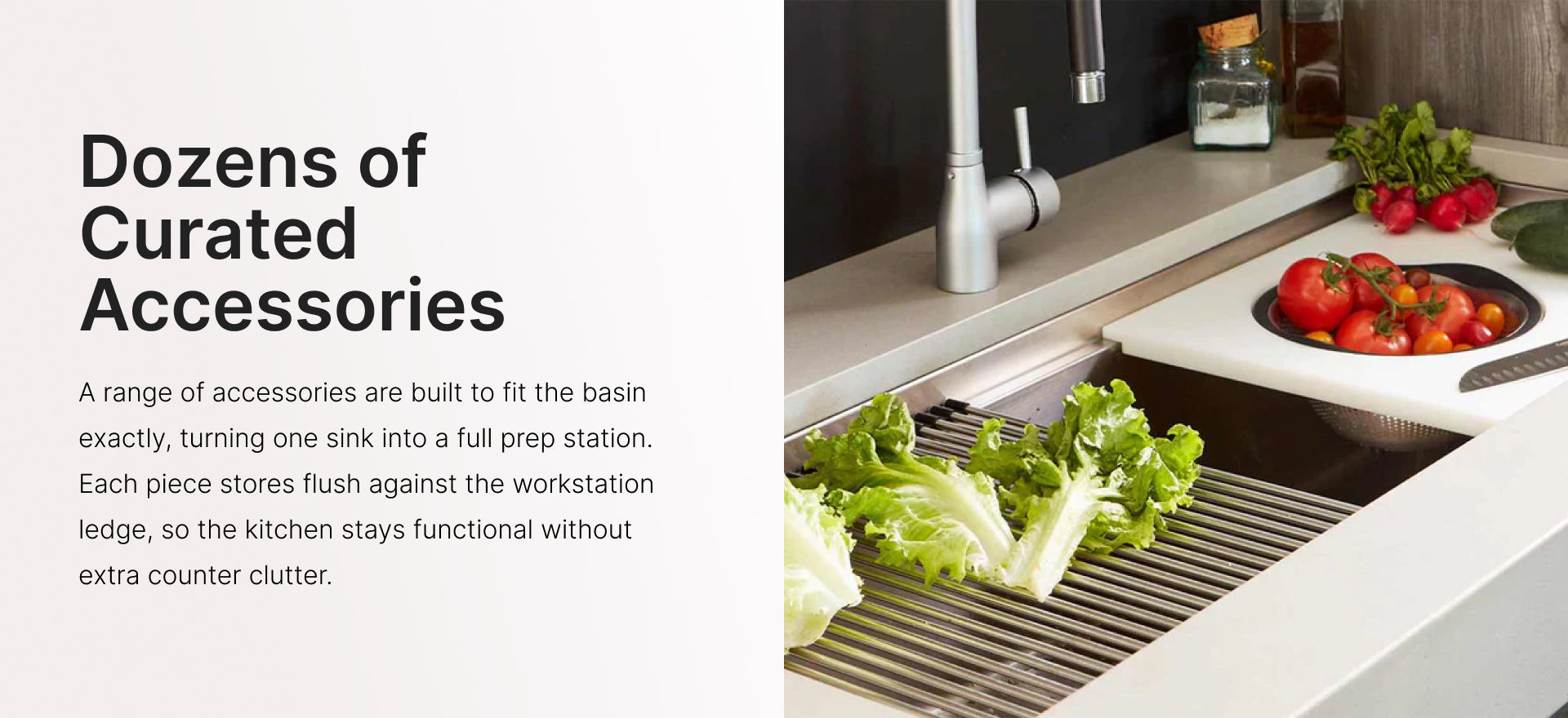 Workstation sink accessories — cutting board, colander, and drying rack on the integrated sink ledge