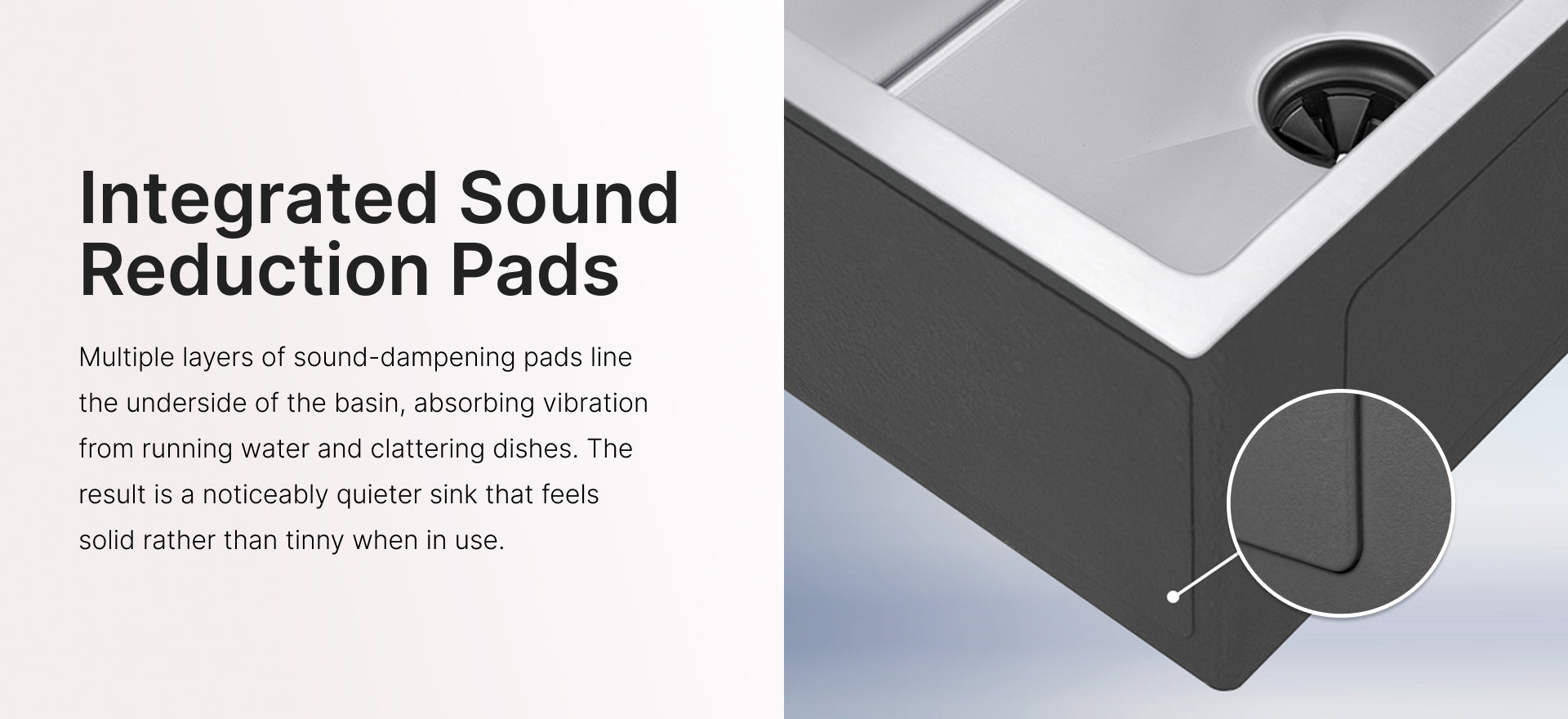 Large sound-absorbing pads on the underside of a stainless steel kitchen sink