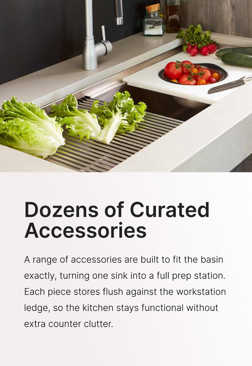 Workstation sink accessories — cutting board, colander, and drying rack on the integrated sink ledge