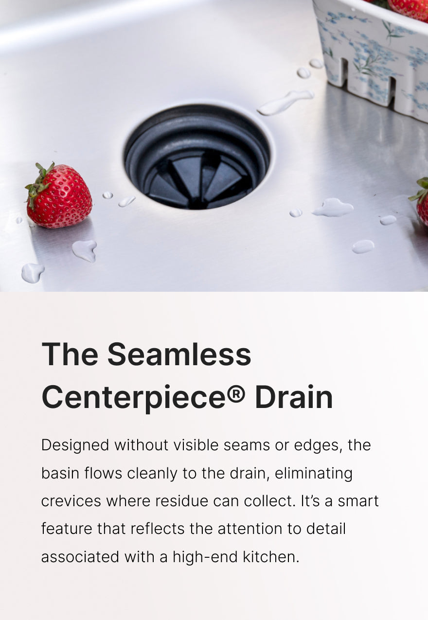 Seamless Centerpiece Drain on a stainless steel kitchen sink — no seam, no leaks