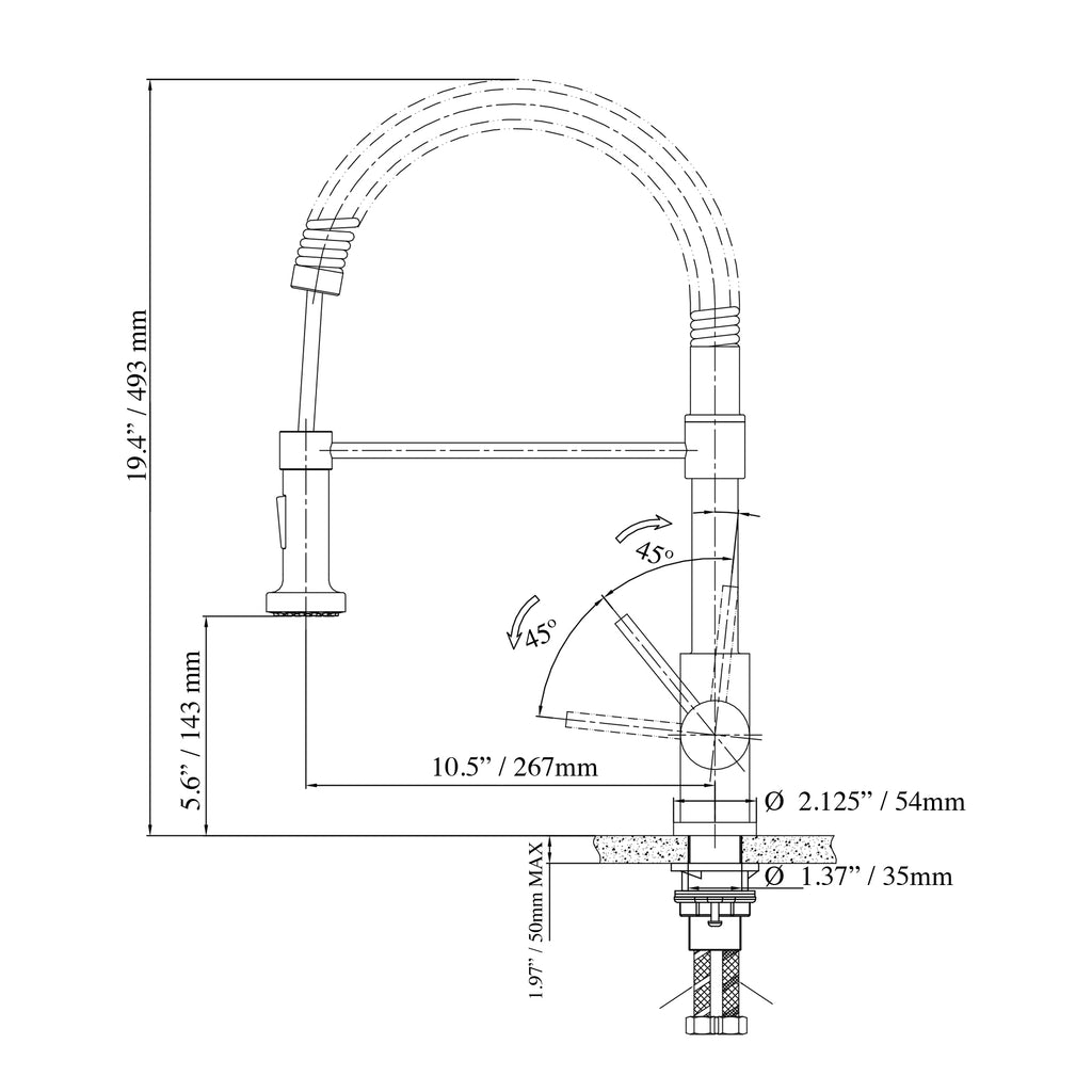 Dimension Drawing for A Stainless Steel Kitchen Faucet