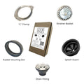 Seamless Drain and Disposal Kit with essential components including a strainer basket, splash guard, drain fitting, rubber mounting seal, and 'C' clamp.