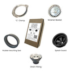 Seamless Drain and Disposal Kit with essential components including a strainer basket, splash guard, drain fitting, rubber mounting seal, and 'C' clamp.