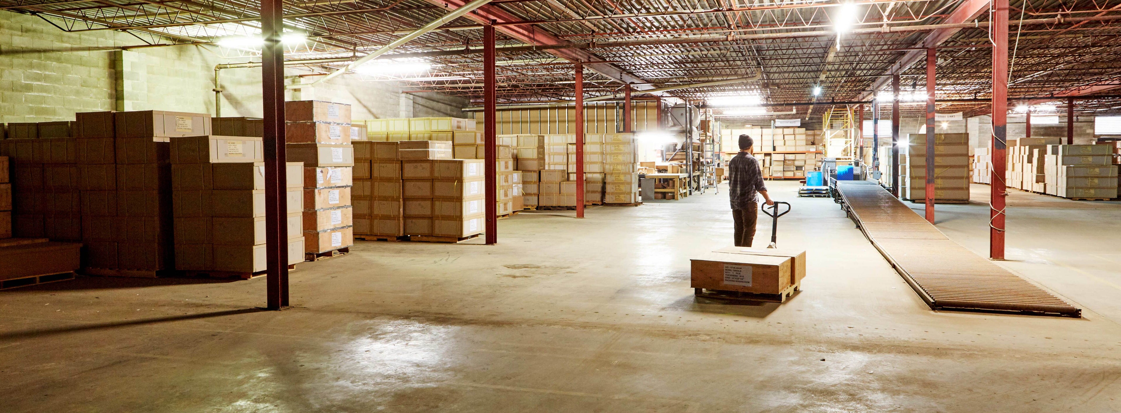 Create Good Sinks warehouse in Cincinnati, Ohio with crated stainless steel kitchen sinks staged for shipping