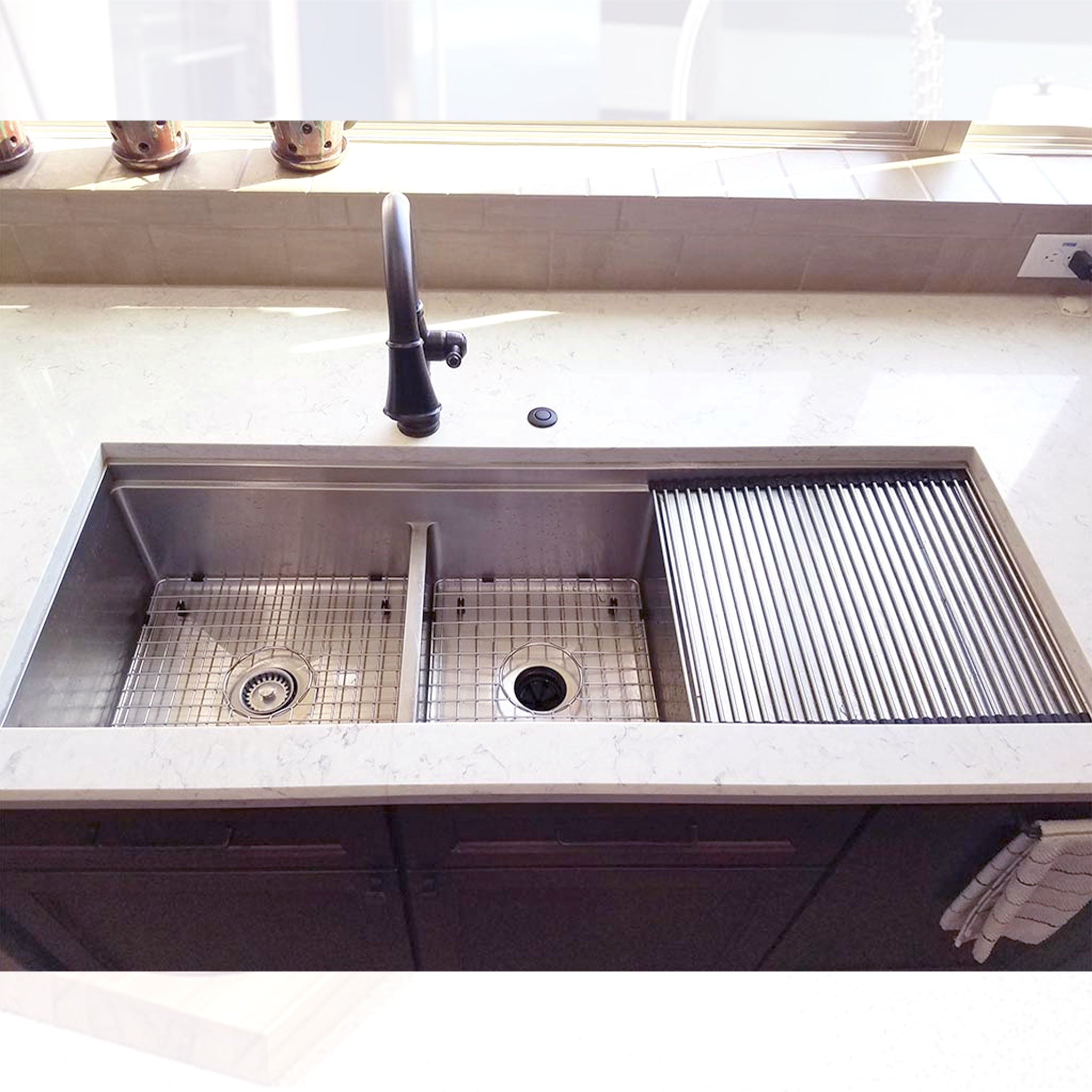 Overhead installation view of dual basin workstation kitchen sink 50 inches in width