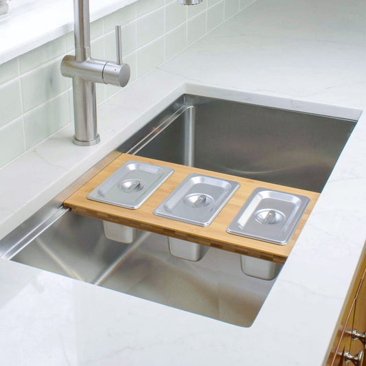 workstation sink accessory 7 inch bamboo serving board with stainless steel pans and lids for serving condiments