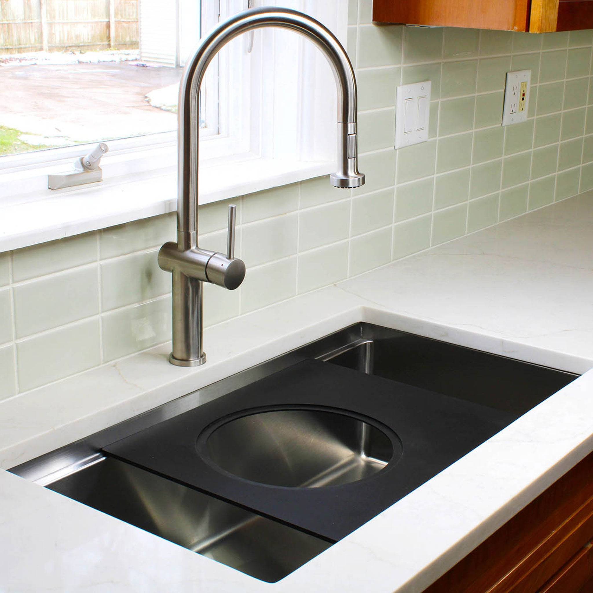 Workstation Kitchen Sink Accessory: 18" Black, Cutting Board with an 11" Stainless Steel Colander and Mixing Bowl Attachment