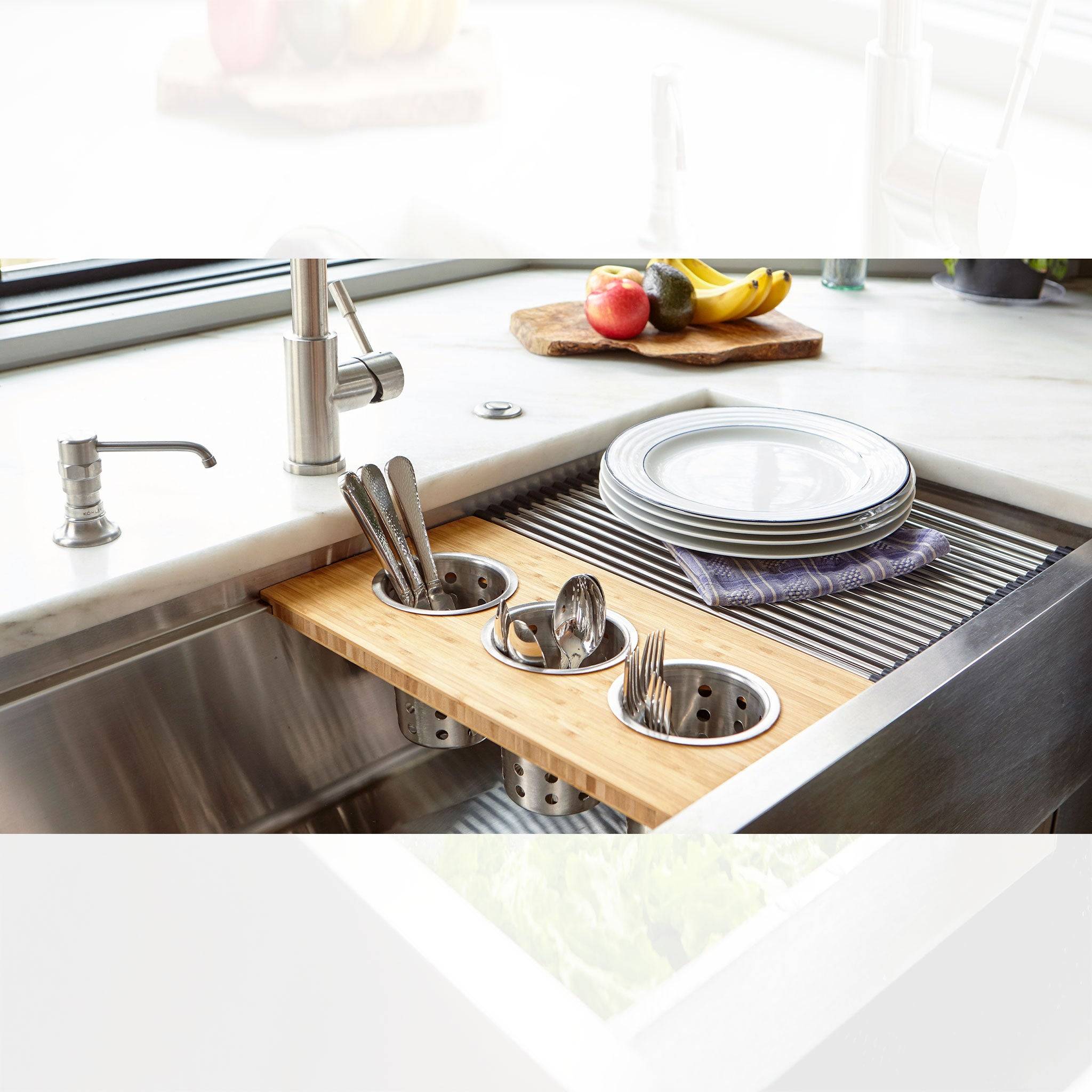 Custom bamboo board for ledge sink with utensil cups