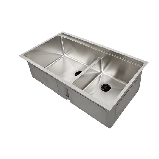 34" double bowl workstation sink, low divide, stainless steel workstation sink, ledge apron sink, double bowl, seamless, offset drain, 1/2" Radius Collection, Single Bowl Sinks, Stainless Steel Sinks, Offset Drain Sinks, 