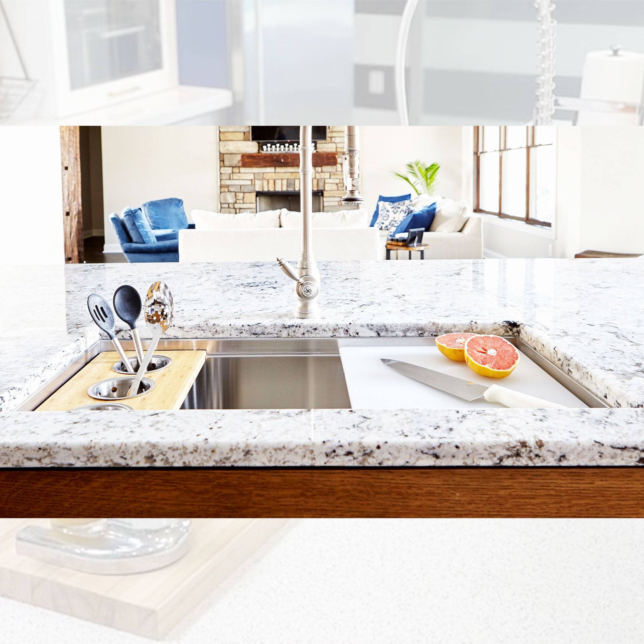 37-inch workstation kitchen sink with built-in ledge, cutting board, and accessories. Designed for efficient food prep and easy cleanup.